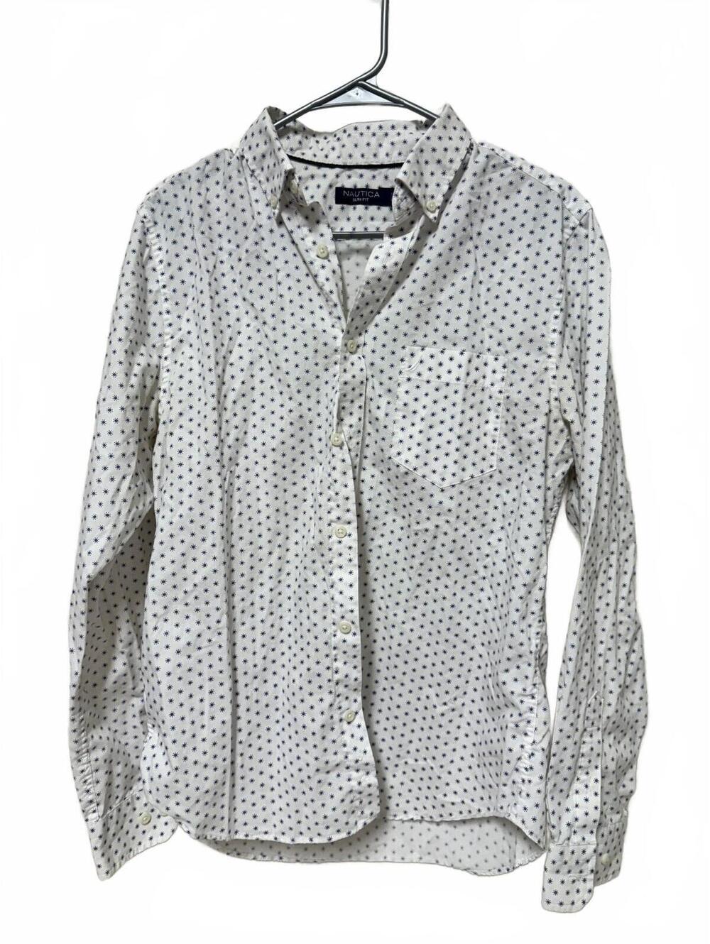 Nautica Slim Fit Button Front Shirt White Starburst Micro Print Mens Size M